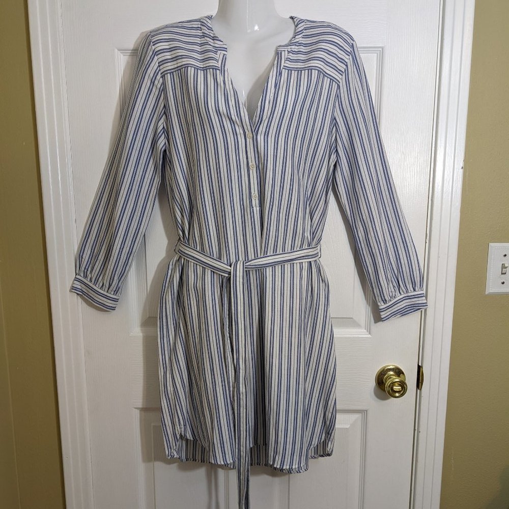 J. Crew Merchantile Blue & White Long Sleeve Belted Shirt Dress - size S